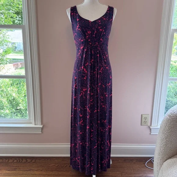 Boden Red Sleeveless Empire Waist Lotus Paisley Maxi Dress Size 10P - Picture 2 of 8